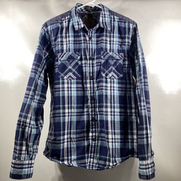 GUESS "Dillon" Slim Fit 2 Pocket Blue Plaid Long Sleeve Shirt Men's Large 42-44 - Picture 1 of 8